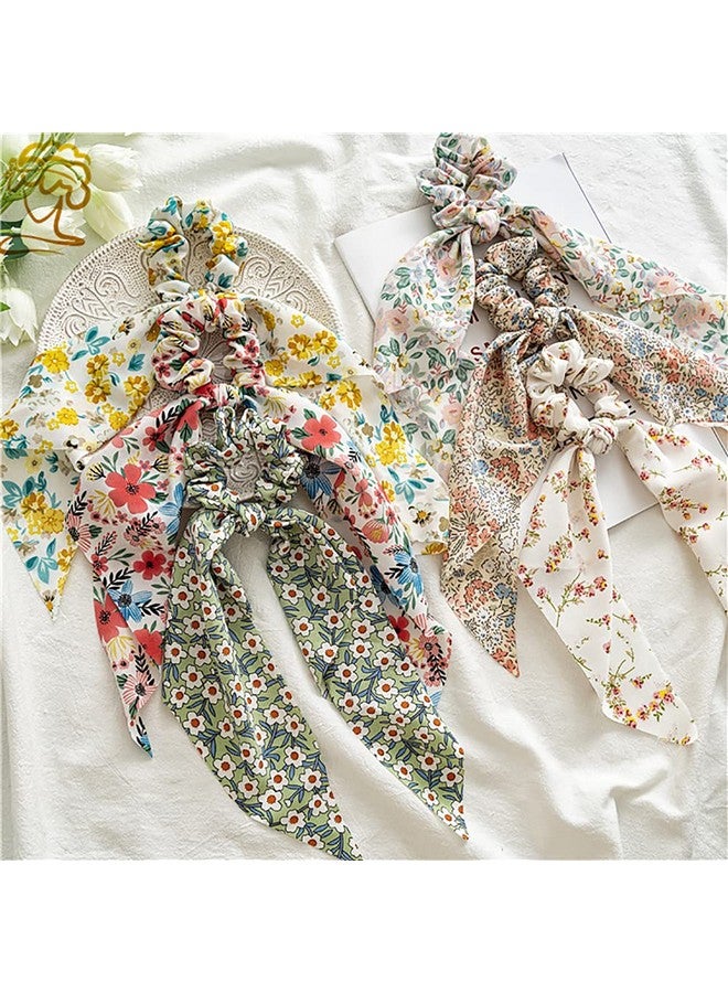 دينبري 6 قطع وشاح الشعر الأزهار Scrunchies Bowknot الأزهار أشرطة الشعر العلاقات وشاح الشيفون Scrunchies ربطات العنق العصابات اليد الحبال المرنة ذيول طويلة Scrunchy مع الأقواس - Image 2