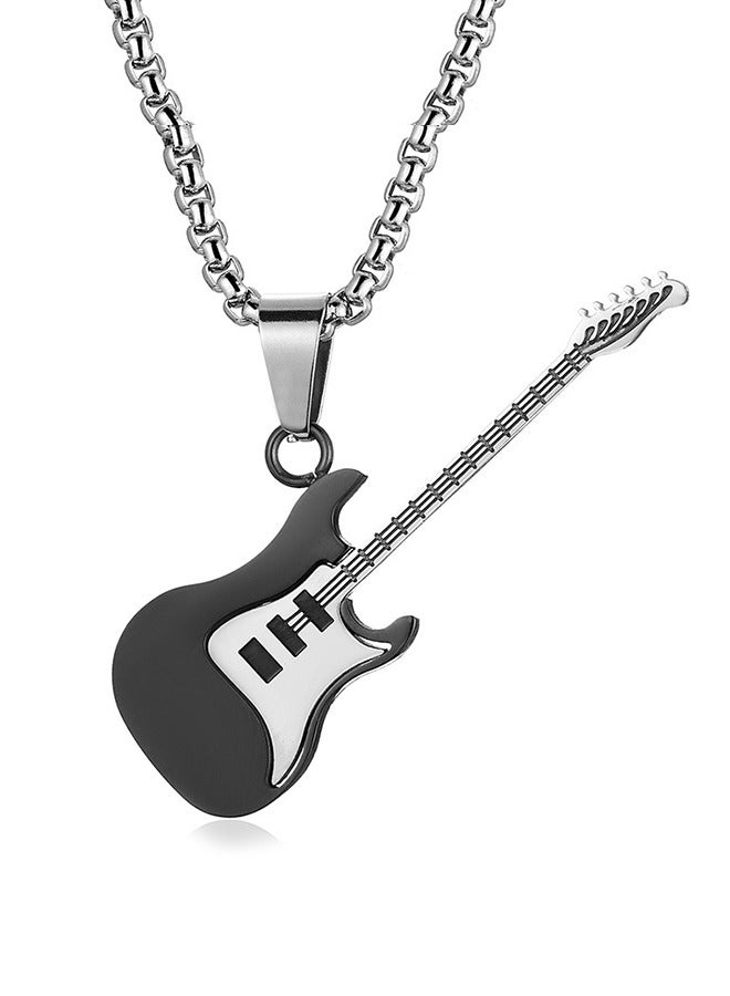 بيوند قلادة بقلادة على شكل جيتار، قلادة من الفولاذ المقاوم للصدأ مضادة للصدأ والبهتان، هدية عصرية للرجال (أسود + فضي) - Image 1