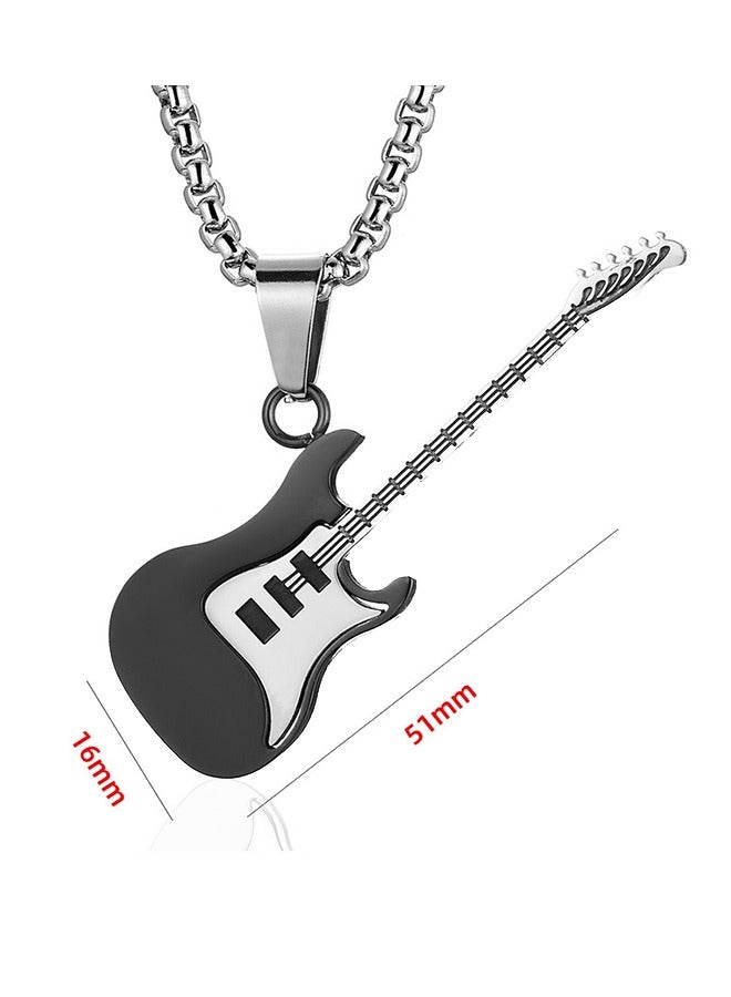 بيوند قلادة بقلادة على شكل جيتار، قلادة من الفولاذ المقاوم للصدأ مضادة للصدأ والبهتان، هدية عصرية للرجال (أسود + فضي) - Image 2