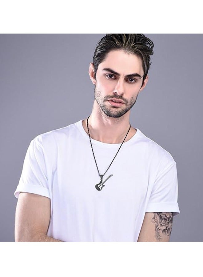 بيوند قلادة بقلادة على شكل جيتار، قلادة من الفولاذ المقاوم للصدأ مضادة للصدأ والبهتان، هدية عصرية للرجال (أسود + فضي) - Image 3