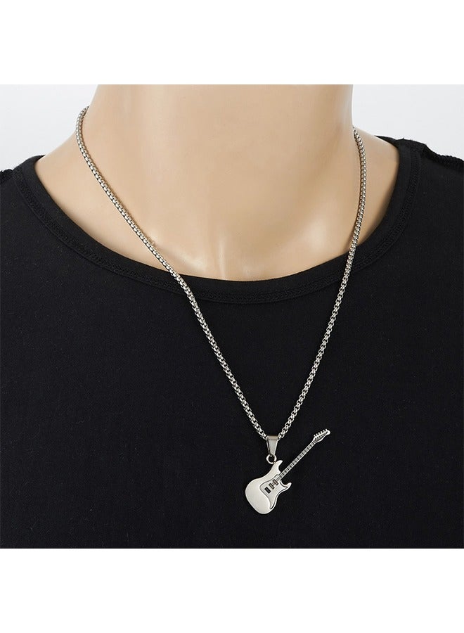 بيوند قلادة بقلادة على شكل جيتار، قلادة من الفولاذ المقاوم للصدأ مضادة للصدأ والبهتان، هدية عصرية للرجال (أسود + فضي) - Image 4