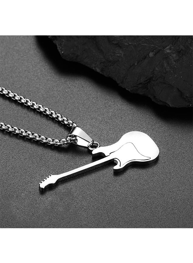بيوند قلادة بقلادة على شكل جيتار، قلادة من الفولاذ المقاوم للصدأ مضادة للصدأ والبهتان، هدية عصرية للرجال (أسود + فضي) - Image 5