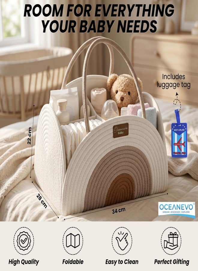 OCEANEVO Diaper Caddy Organizer Bag WITH Luggage Tag | New Born Baby Essentials Storage Cotton Rope Basket with Compartments | For Mothers for Travel - 34 x 28 x 22 Cm - Beige - 1 Year Warranty - Image 2