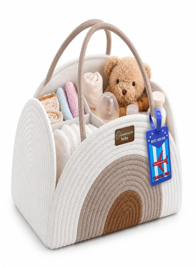 OCEANEVO Diaper Caddy Organizer Bag WITH Luggage Tag | New Born Baby Essentials Storage Cotton Rope Basket with Compartments | For Mothers for Travel - 34 x 28 x 22 Cm - Beige - 1 Year Warranty - Image 1