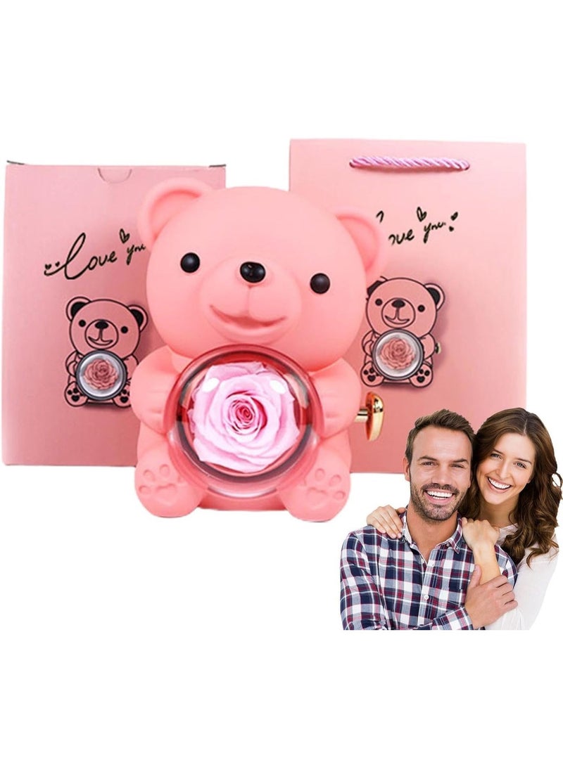 Engraved Heart Necklace With Rose Bear Giftbox, Preserved Hug Bear Gifts for Women, Rotating Jewelry Box, Eternal Flowers Gift (Pink) - Image 1