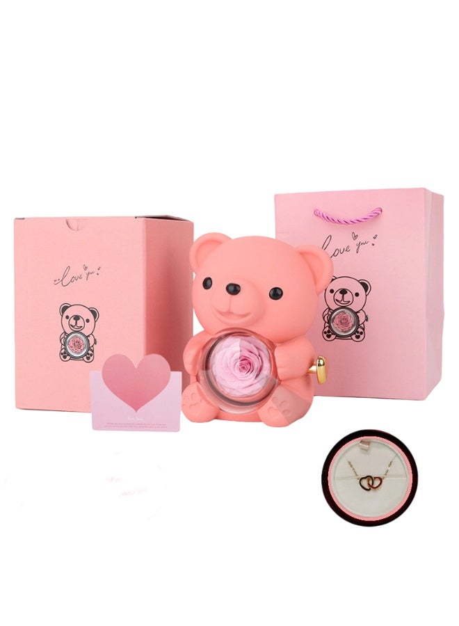 Engraved Heart Necklace With Rose Bear Giftbox, Preserved Hug Bear Gifts for Women, Rotating Jewelry Box, Eternal Flowers Gift (Pink) - Image 2