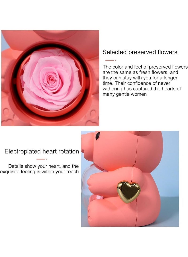 Engraved Heart Necklace With Rose Bear Giftbox, Preserved Hug Bear Gifts for Women, Rotating Jewelry Box, Eternal Flowers Gift (Pink) - Image 4