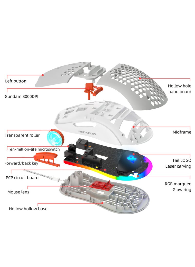 Rock Pow - ROCK POW Honeycomb Gaming Mouse Ultralight High-Precision 8000 DPI Optical Sensor 6 Programmable Buttons RGB Ergonomic Wired RGB Gaming Mice for Mac Laptop Computer PC - Image 1