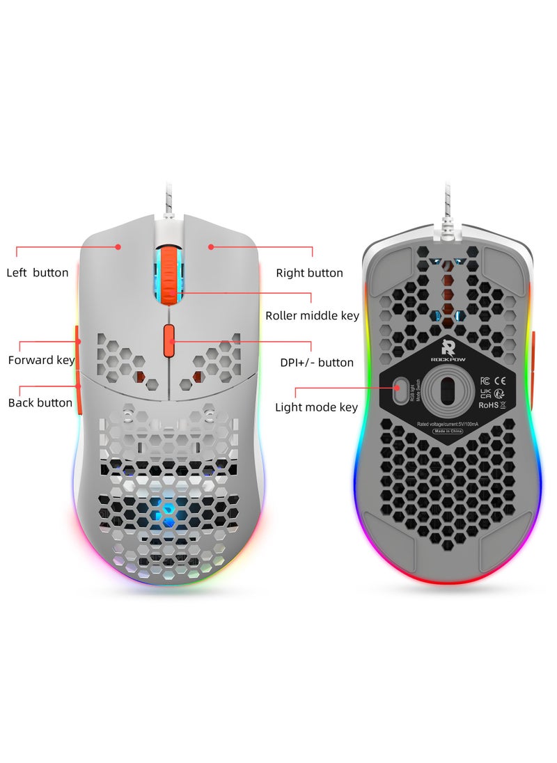 Rock Pow - ROCK POW Honeycomb Gaming Mouse Ultralight High-Precision 8000 DPI Optical Sensor 6 Programmable Buttons RGB Ergonomic Wired RGB Gaming Mice for Mac Laptop Computer PC - Image 1