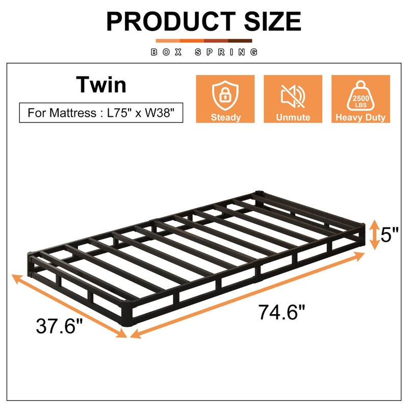 EMODA 5 Inch Twin Box Spring Bed Base, 1500 LBS Heavy Duty Metal Mattress Foundation with Fabric Cover, Easy Assembly - Image 2