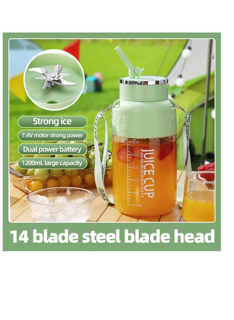 Portable Wireless Juicing Cup - 1200ml Electric Sports Blender with 14 Stainless Steel Blades, USB Rechargeable, Dual Speed, Direct Drinking & Ice Crushing, Large Capacity Juice Maker for Home Office Travel Fitness（K3-Green）  - Image 2