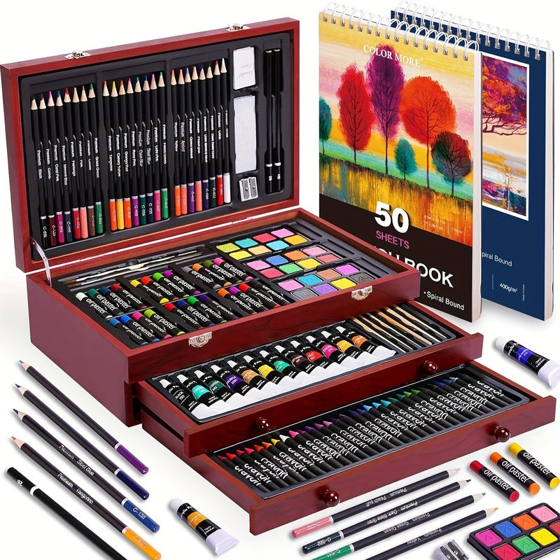 175-Piece Deluxe Art Set with 2 Drawing Boards, Crayons, Acrylic Paints & Colored Pencils - Wooden Box Storage, Professional Art Kit for Easter, St. Patrick's Day, Gift - Image 1