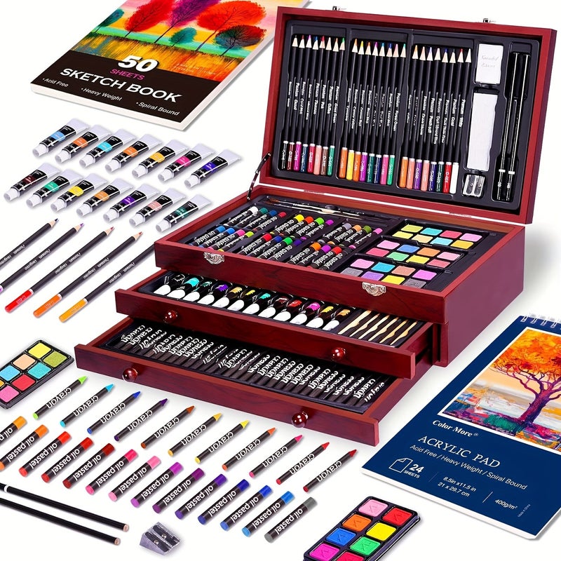175-Piece Deluxe Art Set with 2 Drawing Boards, Crayons, Acrylic Paints & Colored Pencils - Wooden Box Storage, Professional Art Kit for Easter, St. Patrick's Day, Gift - Image 5