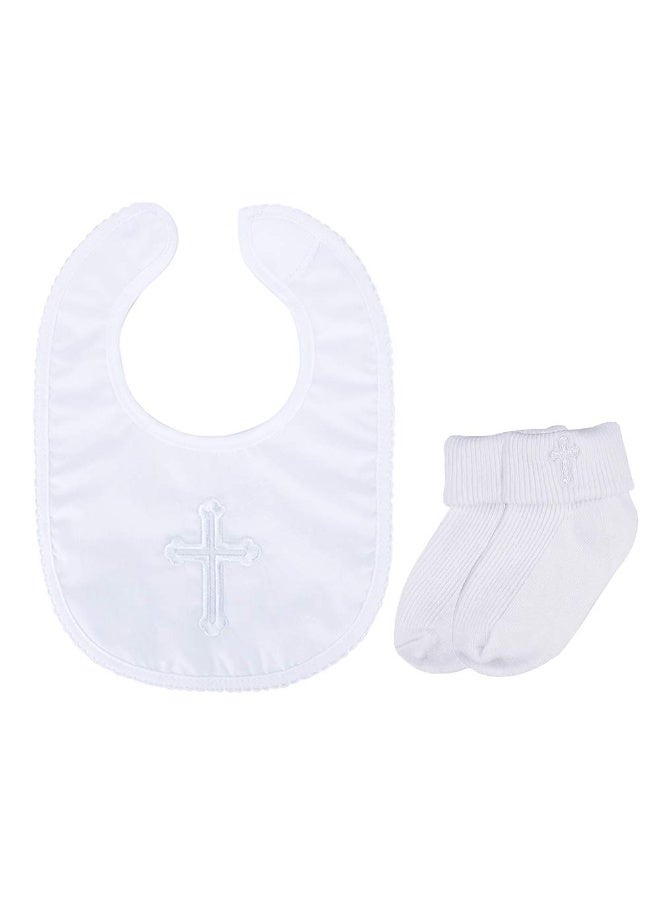 Estamico Infant Baby Boys' Girls' Christening Baptism Embroidered Cross Bib and Socks for Outfits - Image 1