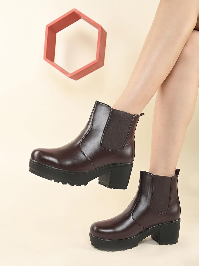 XE Looks 100% Vegan Leather Women's Brown Classic Chelsea Boots | Easy Slip-On with Elastic Panels | Fashionable Faux Leather with Comfortable Block Heel Boots For Girls & Women - Image 4
