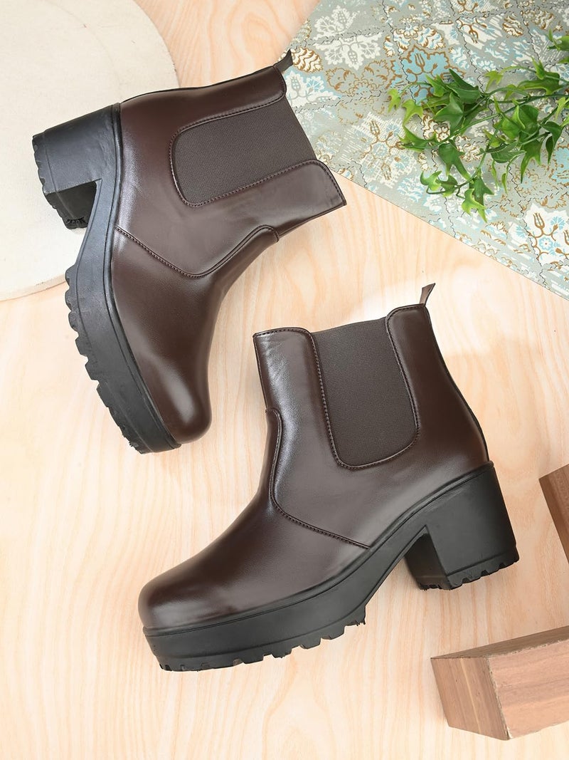 XE Looks 100% Vegan Leather Women's Brown Classic Chelsea Boots | Easy Slip-On with Elastic Panels | Fashionable Faux Leather with Comfortable Block Heel Boots For Girls & Women - Image 2