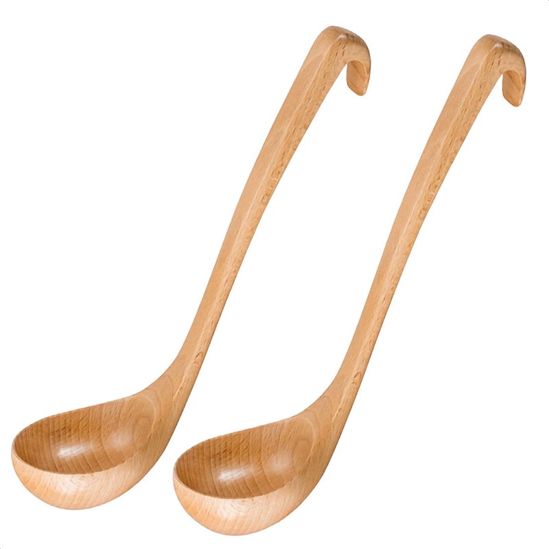 HYQO 2 Pcs Wooden Ladle Set  108x28 Bamboo Ladle for Soup with Long HookEnd Handles and Deep Scoops Comfortable LacquerCoated Surface that Easy to Clean  Wooden Soup Spoons for Food Preparation 