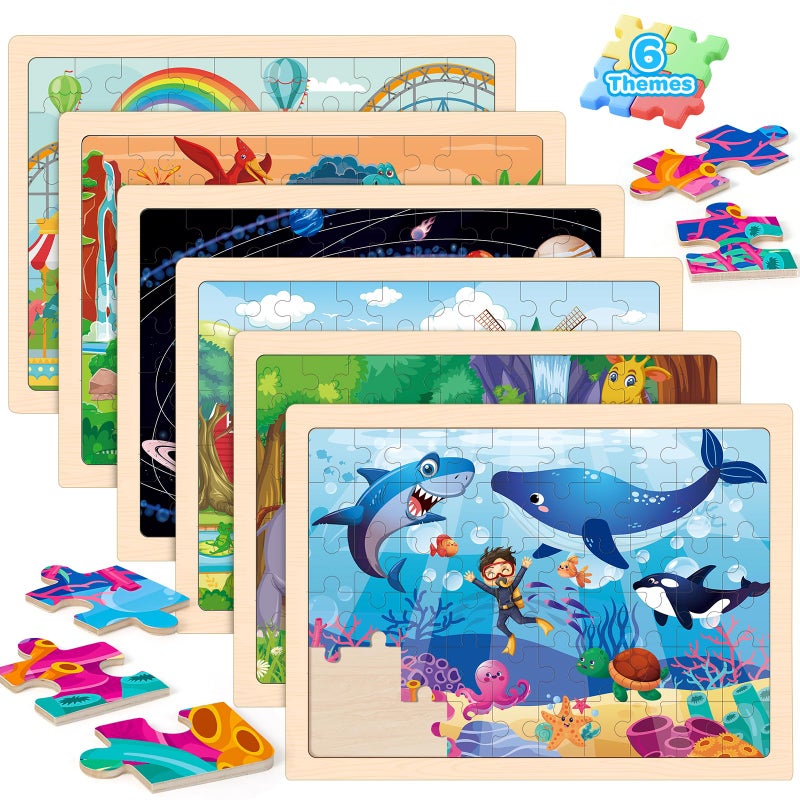 Duchong 6 Packs Wooden Puzzles for Kids Ages 4-6, 60 Piece Wood Dinosaur Animals Jigsaw Puzzles for Toddlers Ages 3-5, Preschool Educational Learning Toys Gifts for 2 3 4 5 6 7 8 Boys Girls - Image 1