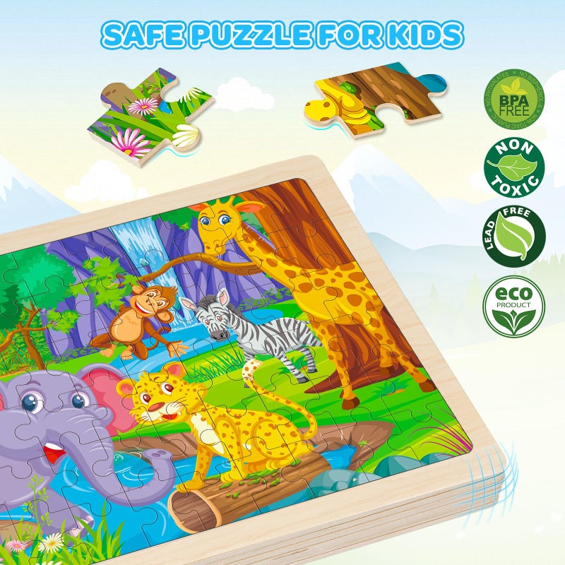 Duchong 6 Packs Wooden Puzzles for Kids Ages 4-6, 60 Piece Wood Dinosaur Animals Jigsaw Puzzles for Toddlers Ages 3-5, Preschool Educational Learning Toys Gifts for 2 3 4 5 6 7 8 Boys Girls - Image 2