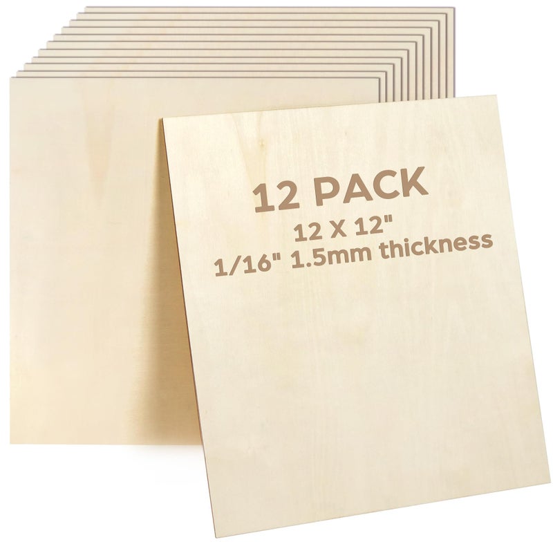 LotFancy Basswood Sheets, 12 Pack, 12 x 12 x 1/16 Inch, Plywood Sheets with Smooth Surfaces, 1.5mm Craft Wood Board for Laser Cutting, DIY Architectural Models, Wood Burning and Staining - Image 1