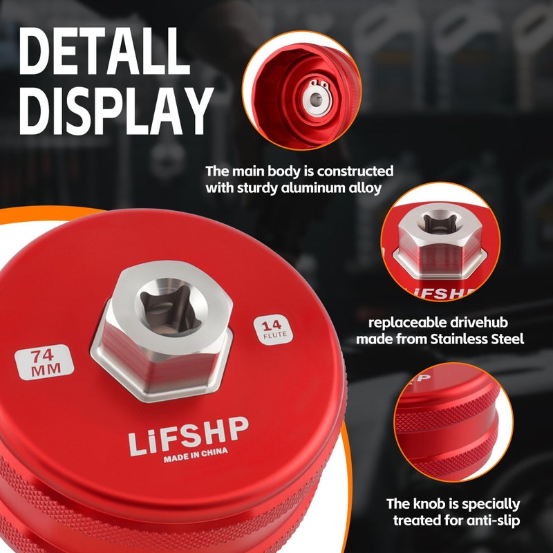 LIFSHP 74mm 14 Flutes Oil Filter Wrench, Aluminum and Stainless Steel For Mercedes-Benz, Sprinter, VW, Porsche, Audi, Bosch and Mahle,Oil Filter Removal Tool-Red - Image 4