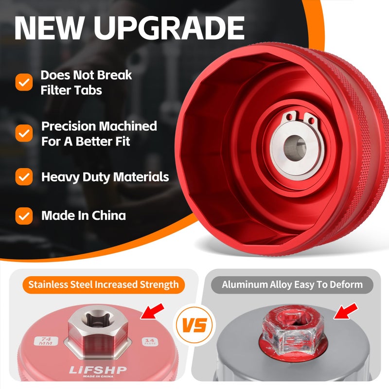 LIFSHP 74mm 14 Flutes Oil Filter Wrench, Aluminum and Stainless Steel For Mercedes-Benz, Sprinter, VW, Porsche, Audi, Bosch and Mahle,Oil Filter Removal Tool-Red - Image 3