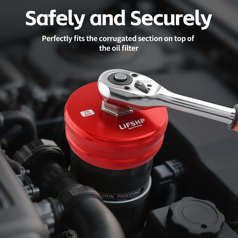 LIFSHP 74mm 14 Flutes Oil Filter Wrench, Aluminum and Stainless Steel For Mercedes-Benz, Sprinter, VW, Porsche, Audi, Bosch and Mahle,Oil Filter Removal Tool-Red - Image 2