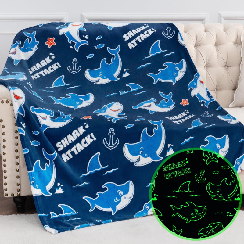 Jekeno Shark Toys Gifts for Boys Girls - Glow in The Dark Blanket Christmas Birthday Gift for Kids Teens Age 1 2 3 4 5 6 7 8 9 10 12 13 Years Old Child Toddler Ocean Anchor Throw Blue 50""x60"" - Image 1