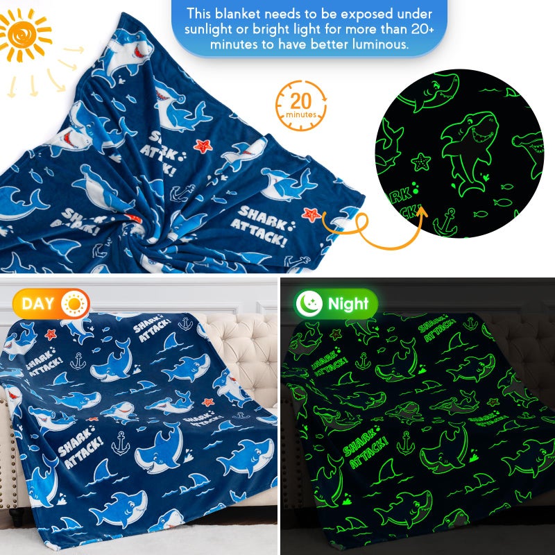Jekeno Shark Toys Gifts for Boys Girls - Glow in The Dark Blanket Christmas Birthday Gift for Kids Teens Age 1 2 3 4 5 6 7 8 9 10 12 13 Years Old Child Toddler Ocean Anchor Throw Blue 50""x60"" - Image 2