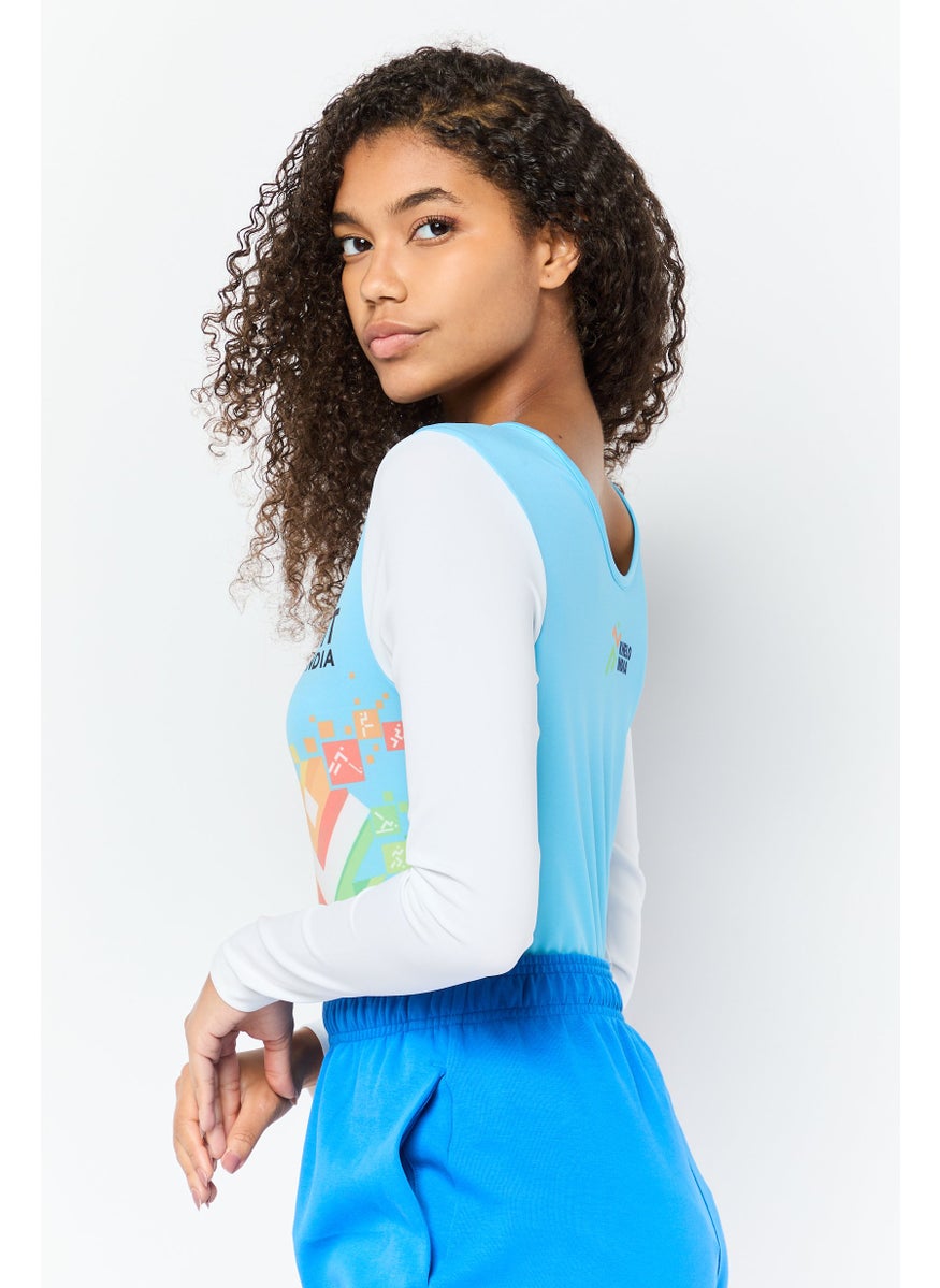 Adidas Women Sportswear Fit Long Sleeve Khelo Gymnastic Leotard , Light Blue  - Image 4