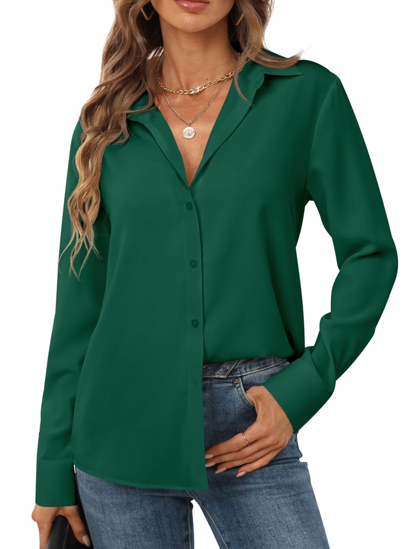 hearain Emerald Green Blouse Womens Button Down Shirt Women v Neck Long Sleeve Collared Blouses Formal Fashion Work Dress Shirts Dressy Casual Women's Western Outfits Clothes Tops Forest Dark Green Size M - Image 3