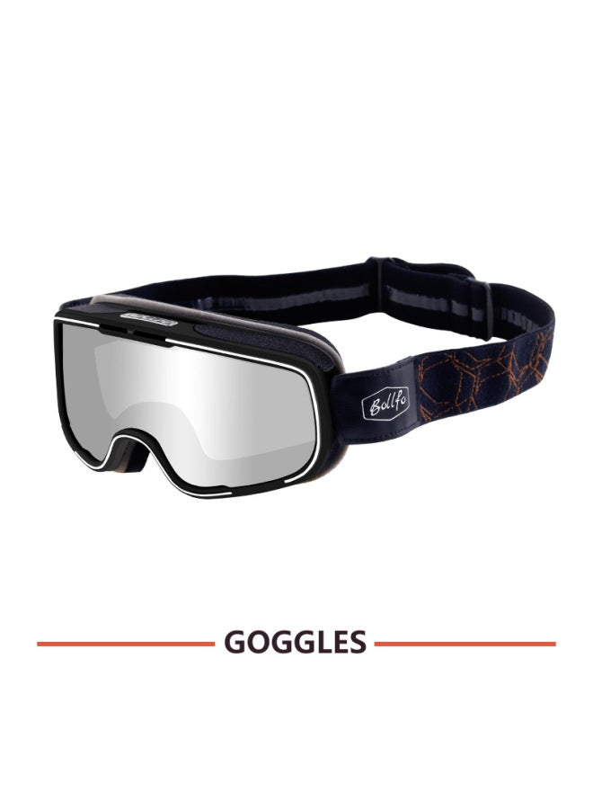 Bollfo Harley Vintage Motorcycle Goggles, Large Frame, Black Frame with Silver Transparent Lens, Fits Over Prescription Glasses