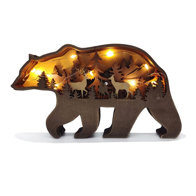 Zagxuade Wooden Brown Bear Decor with Light Forest Animals Table Decor Wooden Knick Knacks Decorations for Home