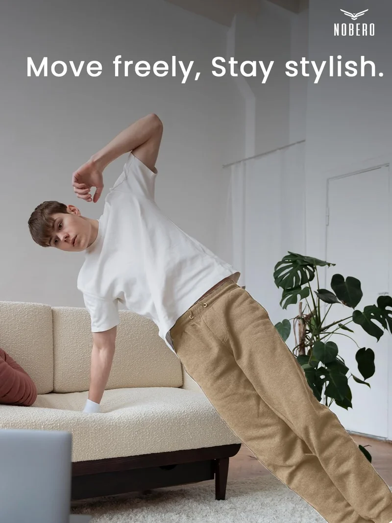 نوبيرو Men's Beige Joggers with Drawstring