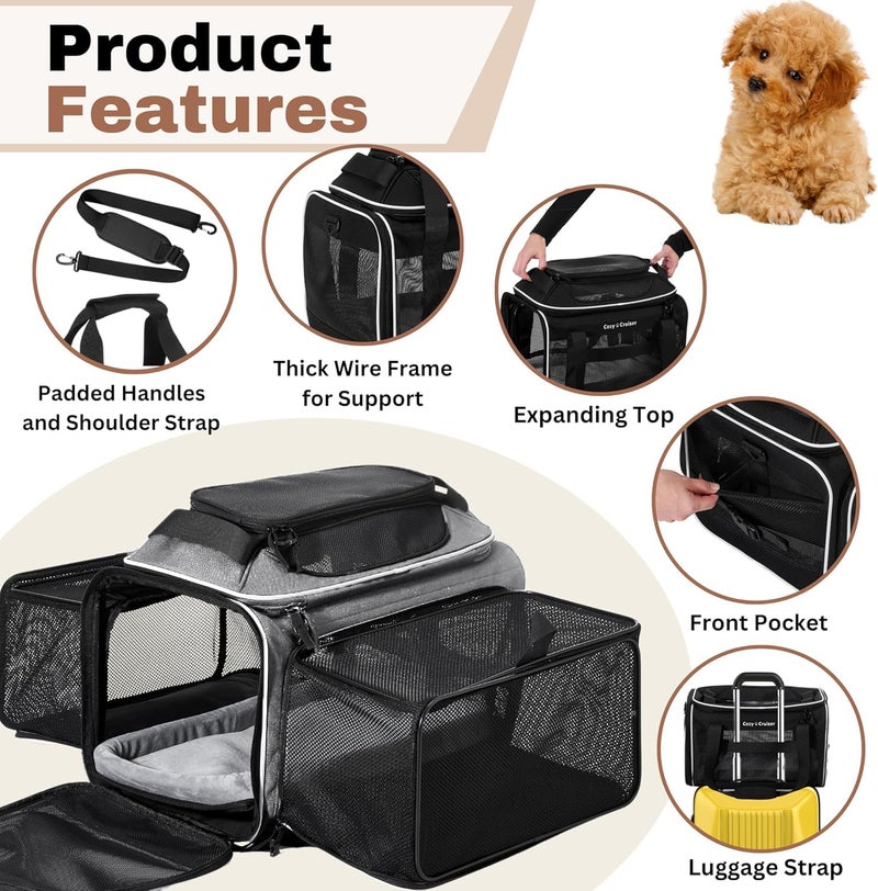 Cozy Cruiser Airline Approved Top-Expanding Pet Carrier on Wheels- Extra Spacious Soft Lined Carrier! 18x11x11 (Grey, Expanding Sides) - Image 4