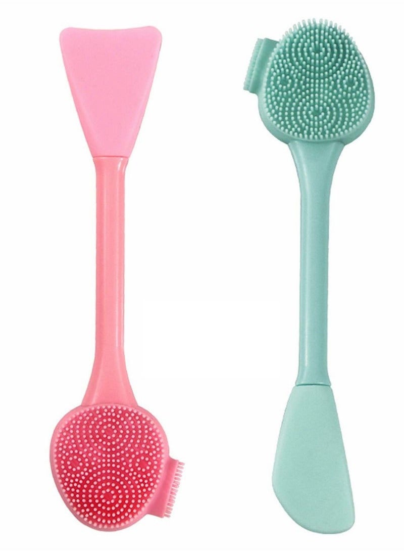 Generic 2PCS Double Head Manual Facial Mask Applicator for Gentle Exfoliating Silicone Face Brushes,Soft Silicone Face Cleansing Scrubber Manual Face Wash Brush Skin Care Exfoliating Deep Cleansing, Pink, Green  - Image 1