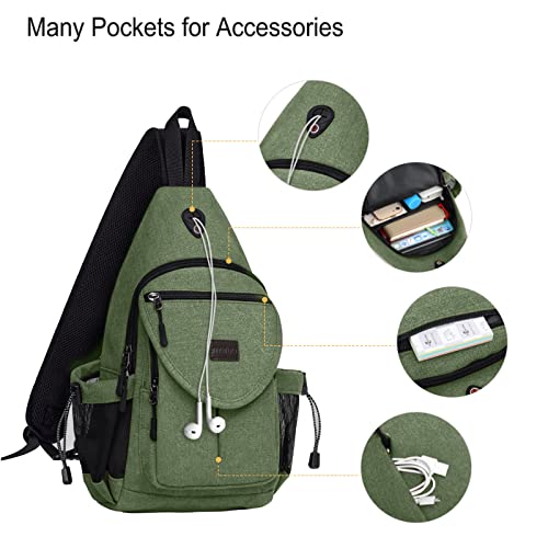 MOSISO Sling Backpack,Canvas Crossbody Hiking Daypack Bag with Anti-theft Pocket, Army Green - Image 3