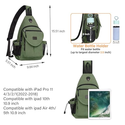 MOSISO Sling Backpack,Canvas Crossbody Hiking Daypack Bag with Anti-theft Pocket, Army Green - Image 2