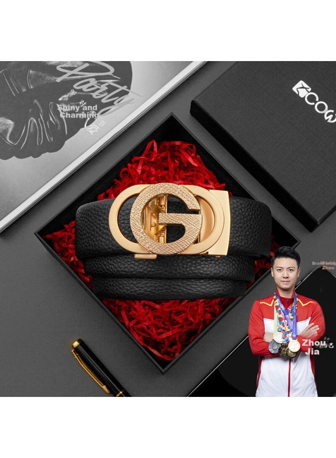 Cow Men's Belt, Gift Box Packaging, Automatic Buckle, Top-grain Leather, Business Casual Trouser Belt, Lychee Pattern, C-901 Gold - Image 1