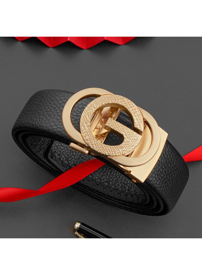 Cow Men's Belt, Gift Box Packaging, Automatic Buckle, Top-grain Leather, Business Casual Trouser Belt, Lychee Pattern, C-901 Gold - Image 3