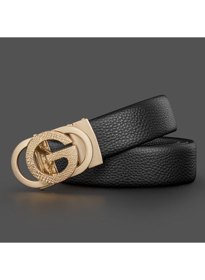 Cow Men's Belt, Gift Box Packaging, Automatic Buckle, Top-grain Leather, Business Casual Trouser Belt, Lychee Pattern, C-901 Gold - Image 2
