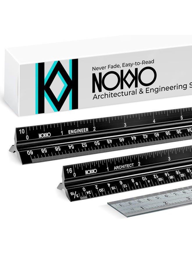 NOKKO 12 Inch Architectural and Engineering Scale Ruler Set - Standard Imperial and Metric Metal Conversion Ruler Included - Professional Measuring Tools for Drafting Blueprints and Civil Engineering - Image 1