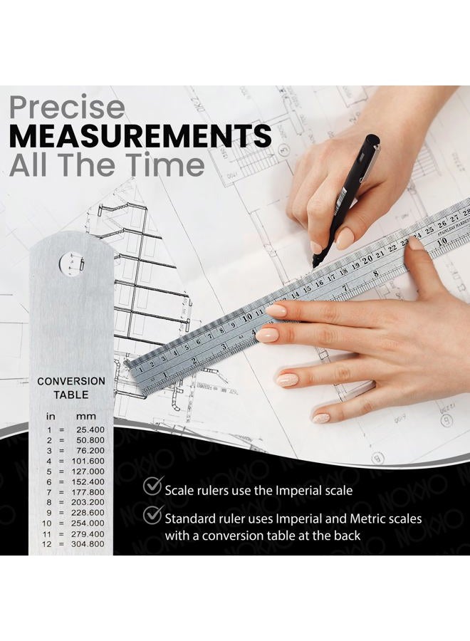 NOKKO 12 Inch Architectural and Engineering Scale Ruler Set - Standard Imperial and Metric Metal Conversion Ruler Included - Professional Measuring Tools for Drafting Blueprints and Civil Engineering - Image 4