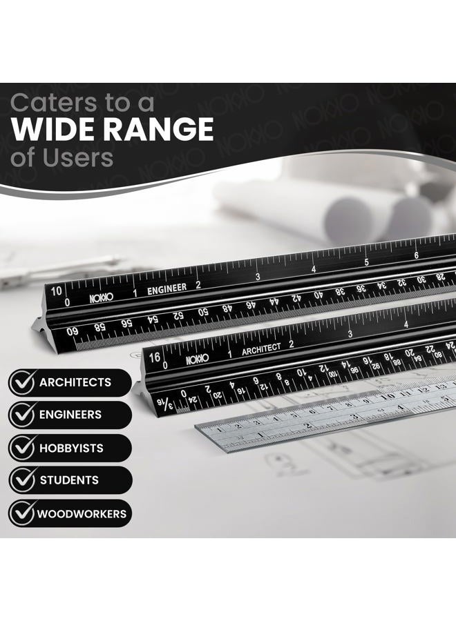 NOKKO 12 Inch Architectural and Engineering Scale Ruler Set - Standard Imperial and Metric Metal Conversion Ruler Included - Professional Measuring Tools for Drafting Blueprints and Civil Engineering - Image 2