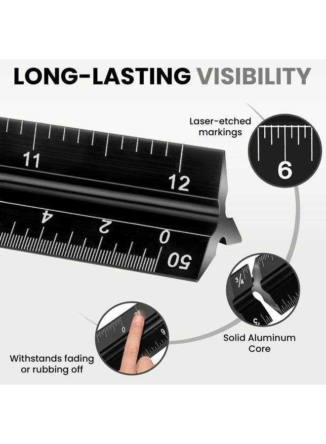 NOKKO 12 Inch Architectural and Engineering Scale Ruler Set - Standard Imperial and Metric Metal Conversion Ruler Included - Professional Measuring Tools for Drafting Blueprints and Civil Engineering - Image 3