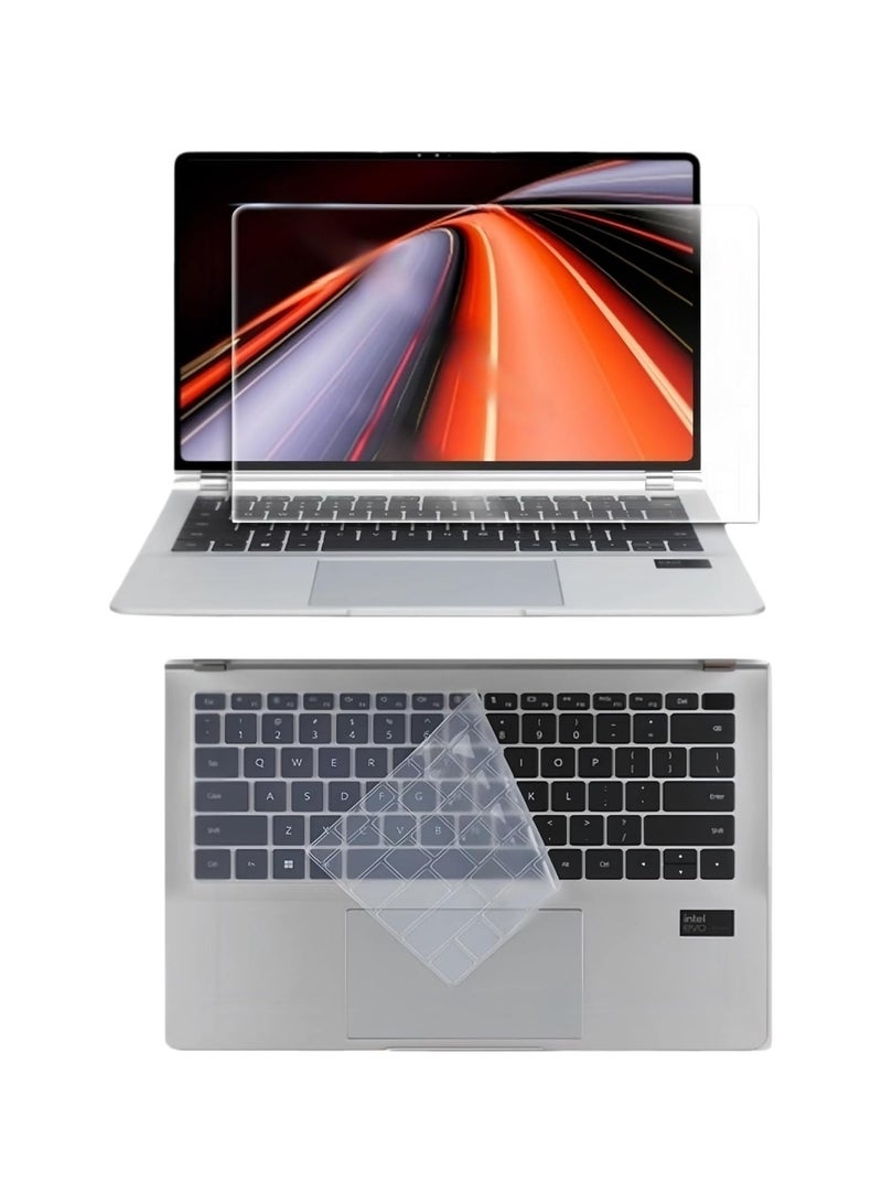 متوافق مع Huawei MateBook GT 14 2024 14.2 بوصة غطاء لوحة مفاتيح كمبيوتر محمول من السيليكون TPU عالي الشفافية وواقي شاشة من الزجاج المقوى عالي الدقة - Image 1