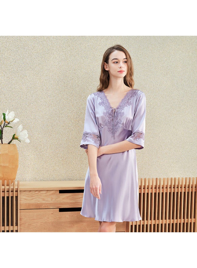 Meibiao Spring Summer Women's Silk Five-sleeve Nightdress Mulberry Silk Homewear Dress Mist Purple XL - Image 1