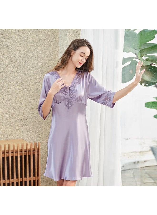 Meibiao Spring Summer Women's Silk Five-sleeve Nightdress Mulberry Silk Homewear Dress Mist Purple XL - Image 2