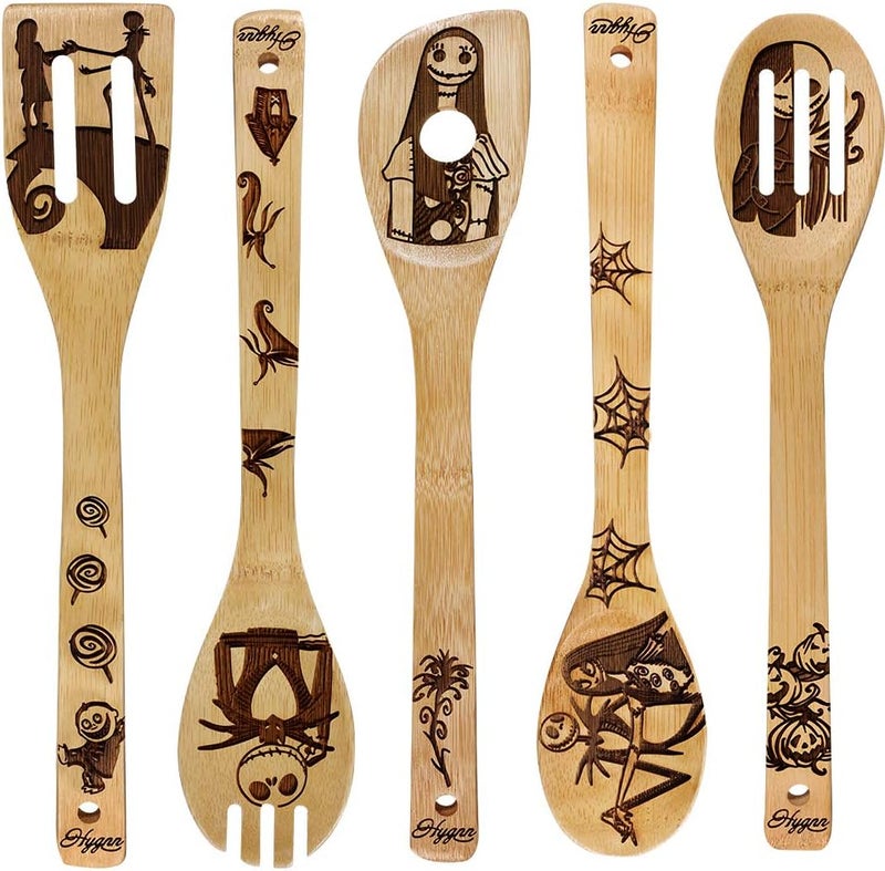 HYGNN Nightmare Wooden Spoons Great Utensil Set Fun Gift Idea Serving Utensils Burned Bamboo Spoons Kitchen House Warming Present Slotted Spoon 5 Piece - Image 1
