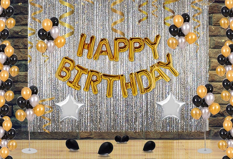 SOI Happy Birthday Letter with Star Foil Balloon and Silver Fringe Curtain Plus HD Metallic Balloons Decoration kit - Image 1